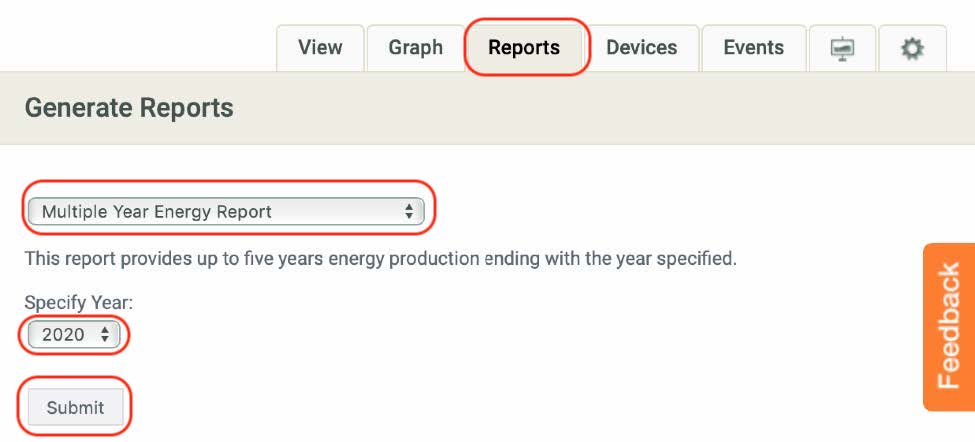 A snapshot of the older Enlighten Manager system GUI that displays which areas to click for generate a solar panel report