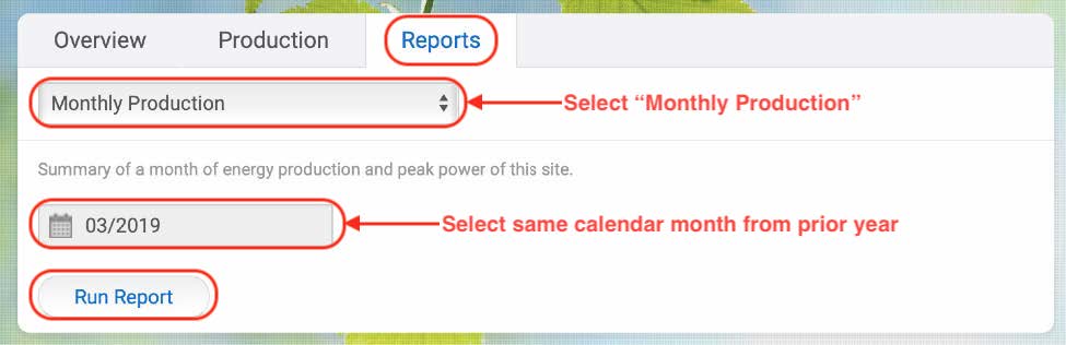 A snapshot of the newer MyEnlighten system GUI that displays where to click in order to run the previous years solar panel production report