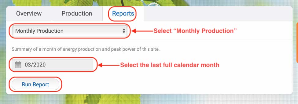 A snapshot of the newer MyEnlighten system GUI that displays what to click in order to generate a solar panel report